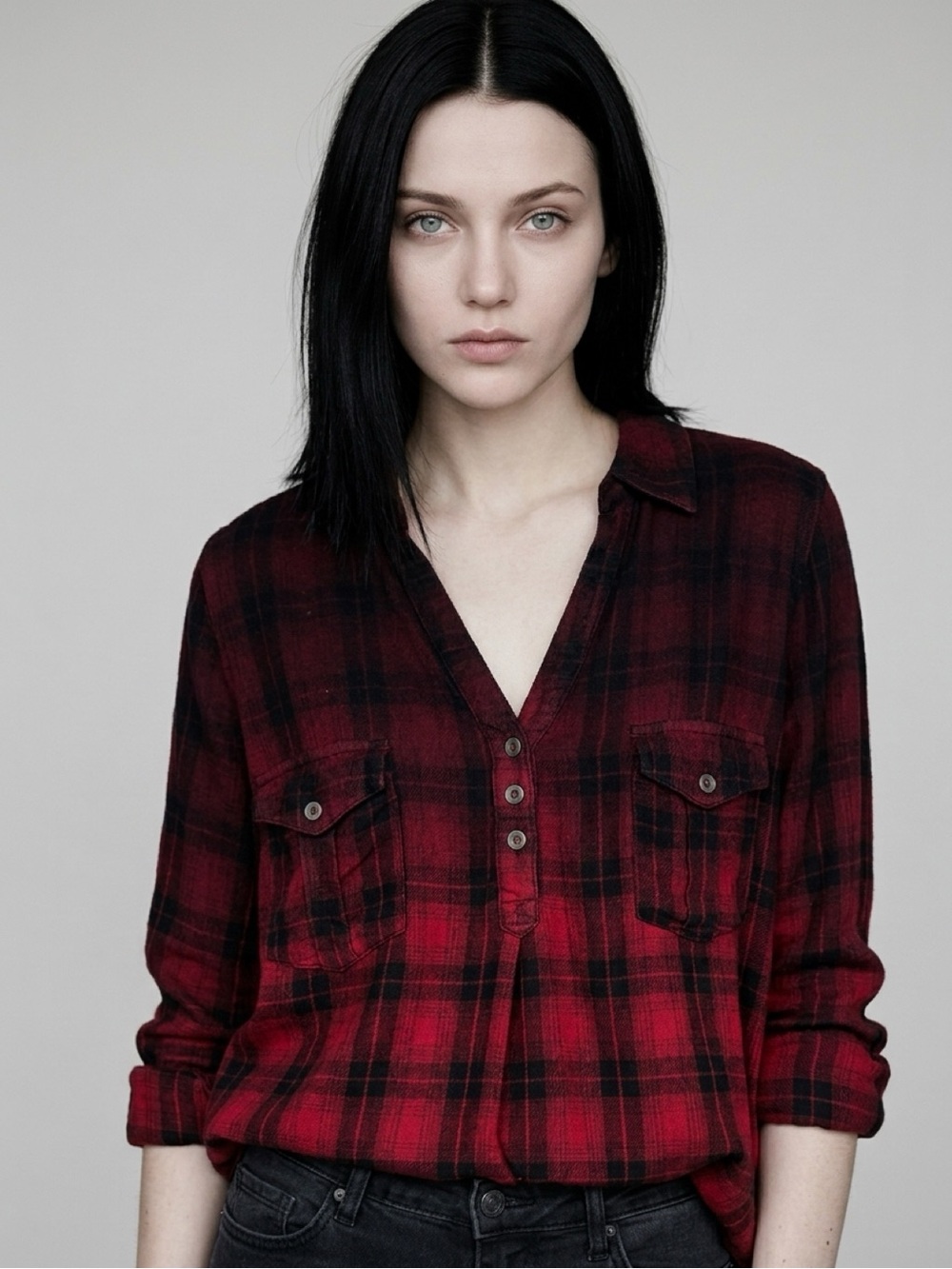 Knox Rose Button Down Rayon Flannel Shirt V-Neck Ombre Red XXL